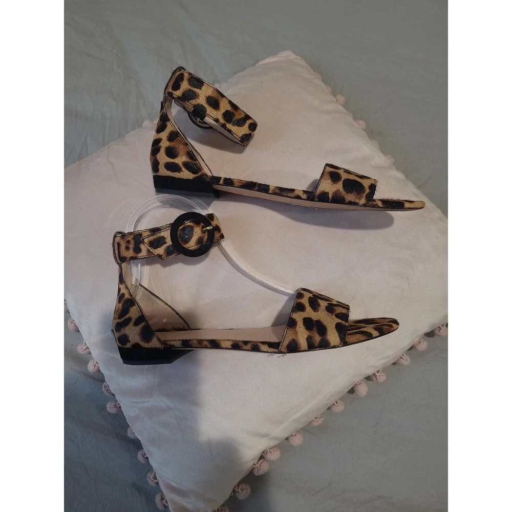 J.Crew Leopard Print Calf Hair Ankle Strap Flat‎ Sandal Women's  SZ 6.5 career